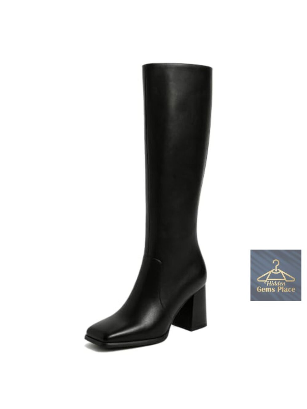 Women's Square Toe Chunky Heel Knee High Boots Faux Leather Zip